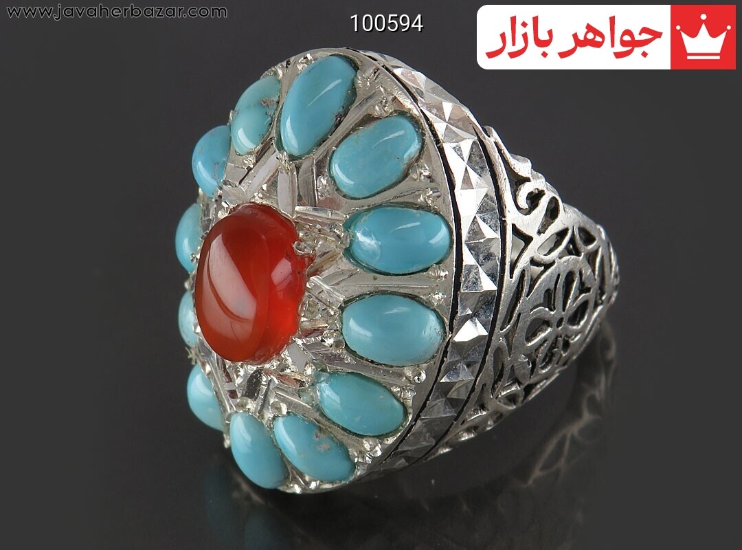 انگشتر نقره عقیق یمنی و فیروزه نیشابوری سلطنتی مردانه