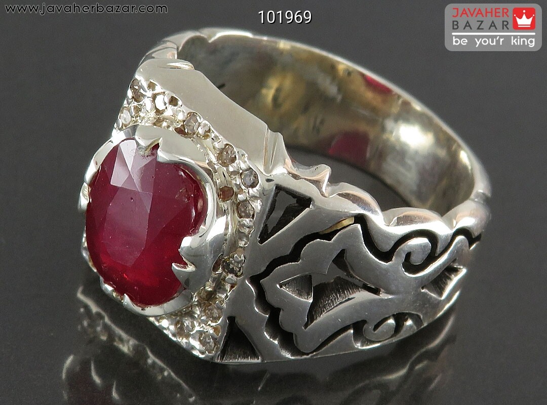 انگشتر نقره یاقوت آفریقایی قرمز سرخ الماس تراش مردانه دست ساز با برلیان اصل