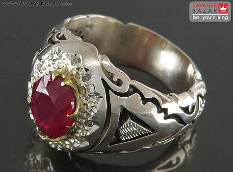 انگشتر نقره یاقوت آفریقایی قرمز سرخ سلطنتی مردانه دست ساز با برلیان اصل