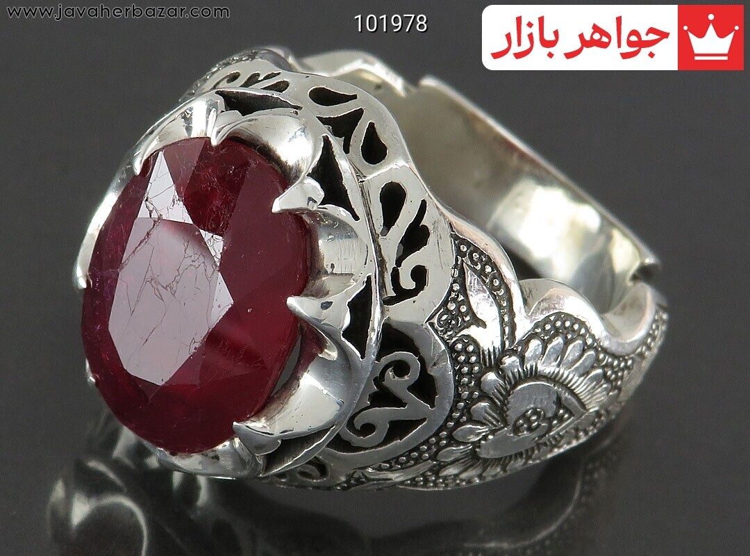 انگشتر نقره یاقوت آفریقایی قرمز سرخ الماس تراش مردانه دست ساز