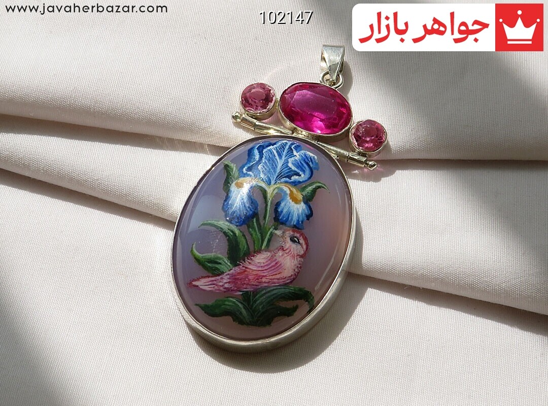 آویز نقره عقیق نقاشی شده زیبا دست ساز