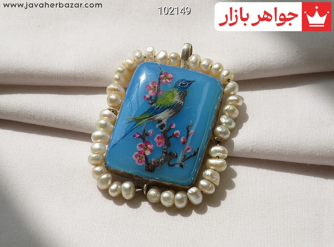 پلاک نقره مروارید و عقیق آفریقایی نقاشی شده طرح پرنده دست ساز