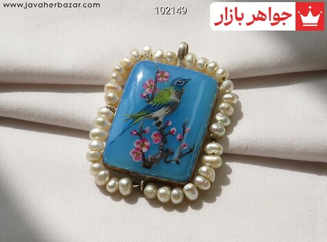 مدال نقره مروارید و عقیق آفریقایی نقاشی شده طرح پرنده دست ساز