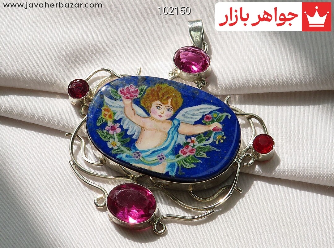 مدال نقره لاجورد نقاشی شده طرح فرشته دست ساز