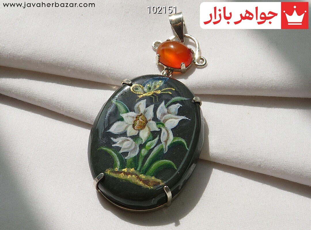 گردنبند نقره یشم و عقیق نقاشی شده طرح بوستان دست ساز