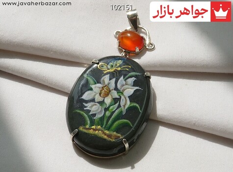 مدال نقره یشم و عقیق نقاشی شده طرح بوستان دست ساز