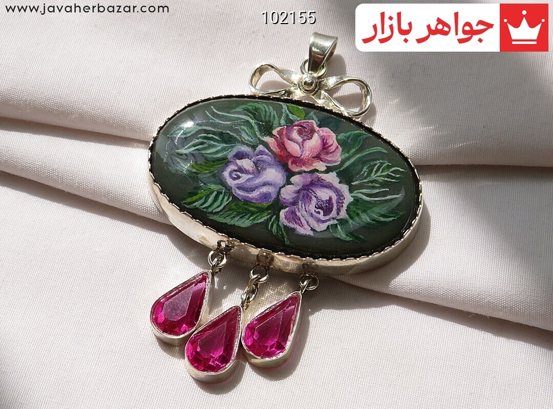 آویز نقره یشم درشت نقاشی شده طرح گل دست ساز