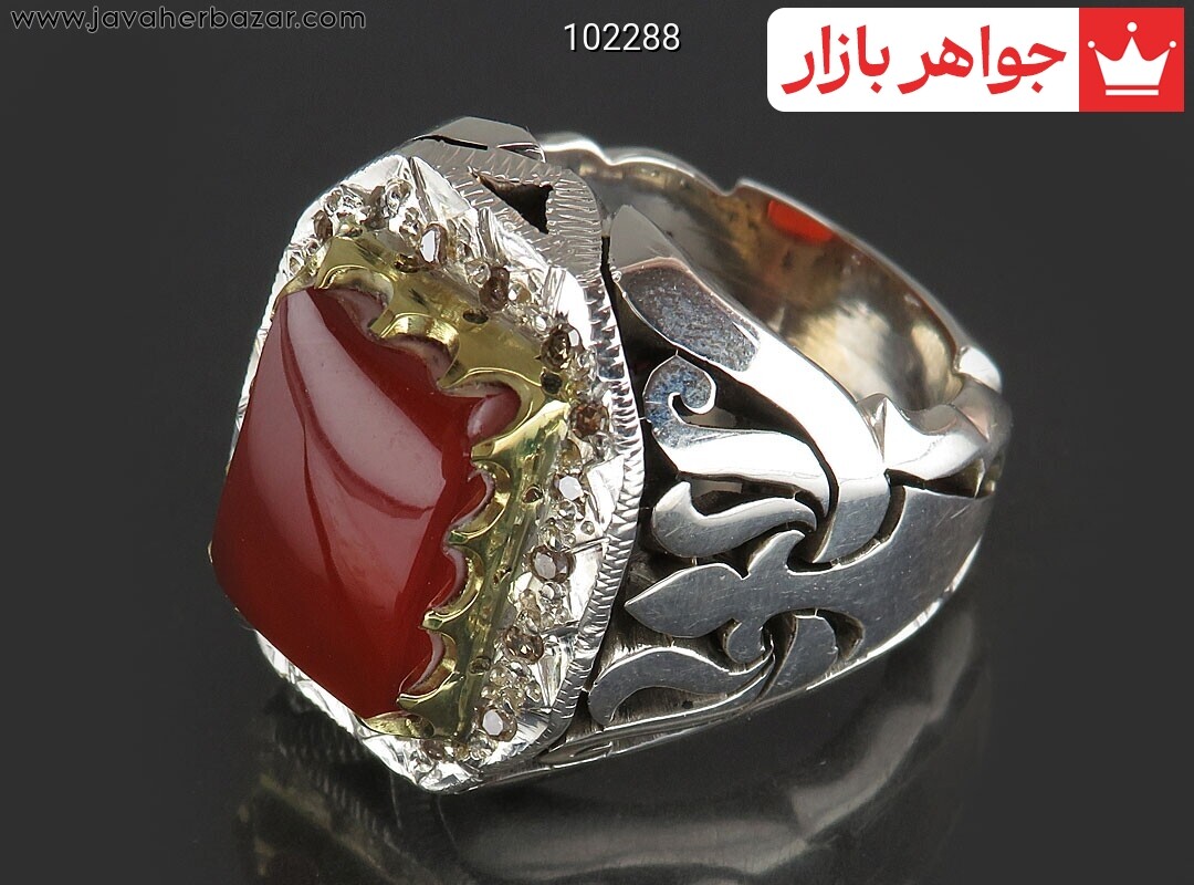 انگشتر نقره عقیق یمنی قرمز شیک مردانه دست ساز با برلیان اصل
