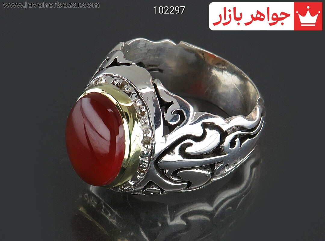 انگشتر نقره عقیق یمنی قرمز شیک مردانه دست ساز با برلیان اصل