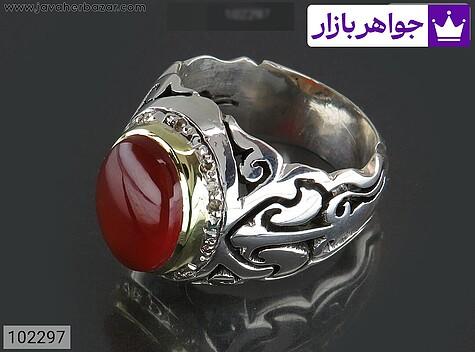 انگشتر نقره عقیق یمنی قرمز شیک مردانه دست ساز با برلیان اصل - 102297