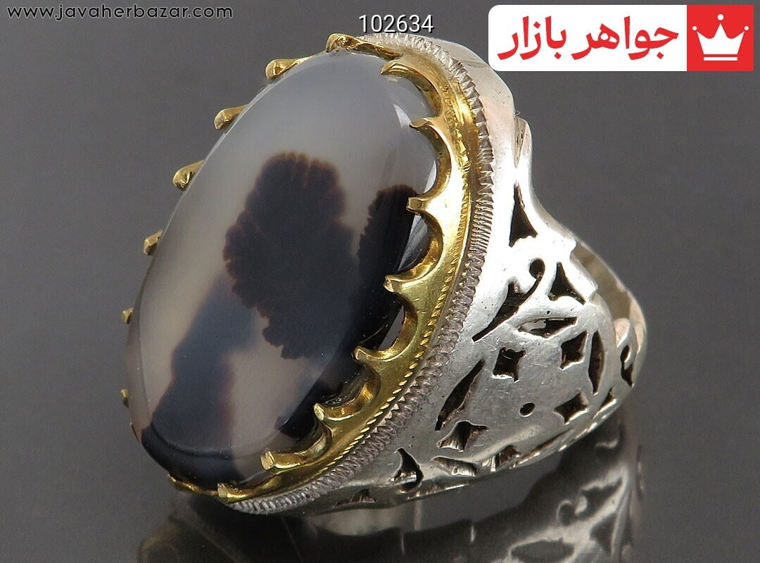 انگشتر نقره عقیق شجر درشت تاج برنجی شبکه کاری مردانه دست ساز
