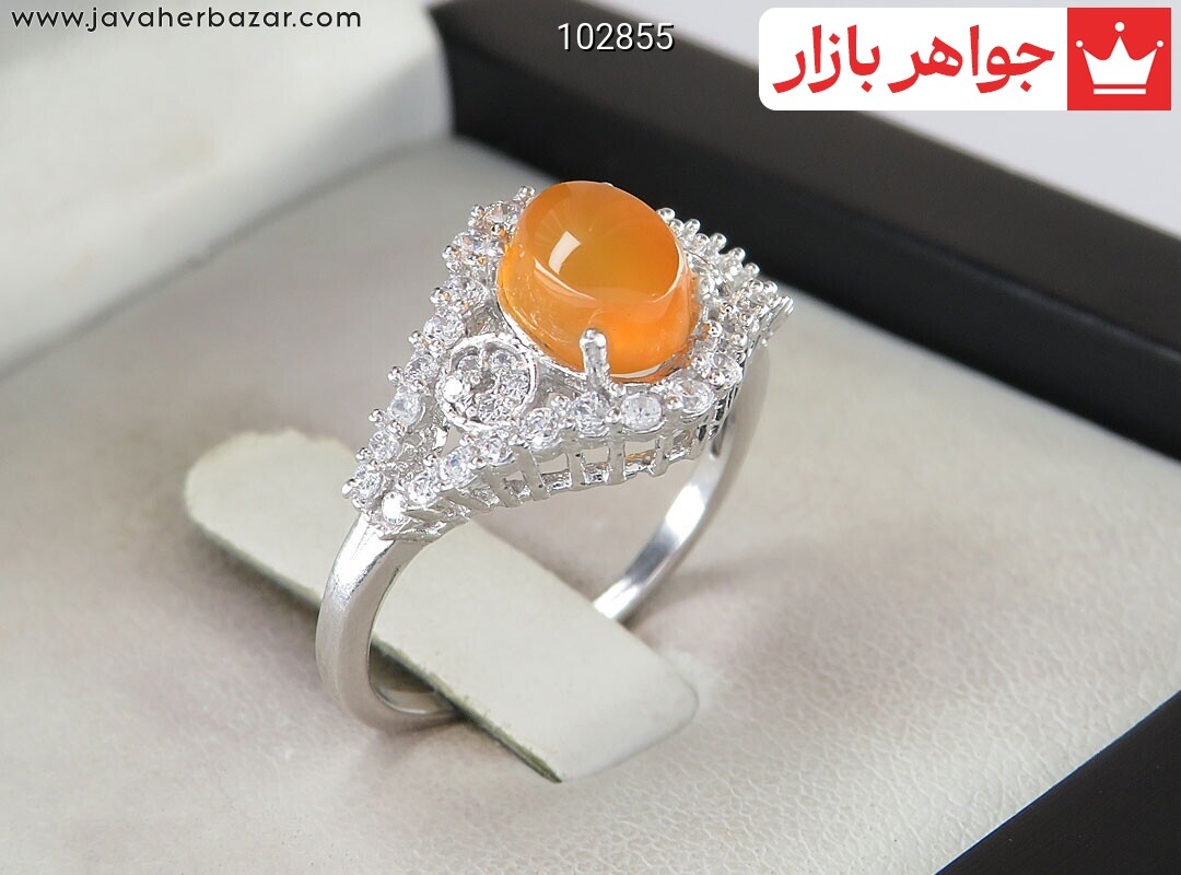 انگشتر نقره عقیق یمن پرتقالی خوش رنگ طرح ژاله زنانه