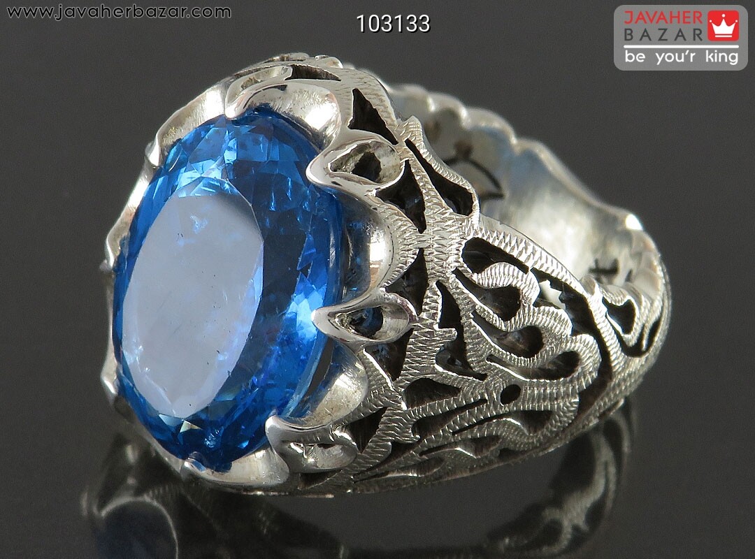 انگشتر نقره توپاز سوئیس الماس تراش تمام شبکه مردانه دست ساز