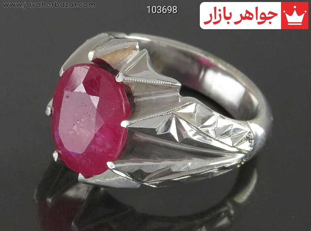 انگشتر نقره یاقوت آفریقایی قرمز سرخ الماس تراش مردانه دست ساز