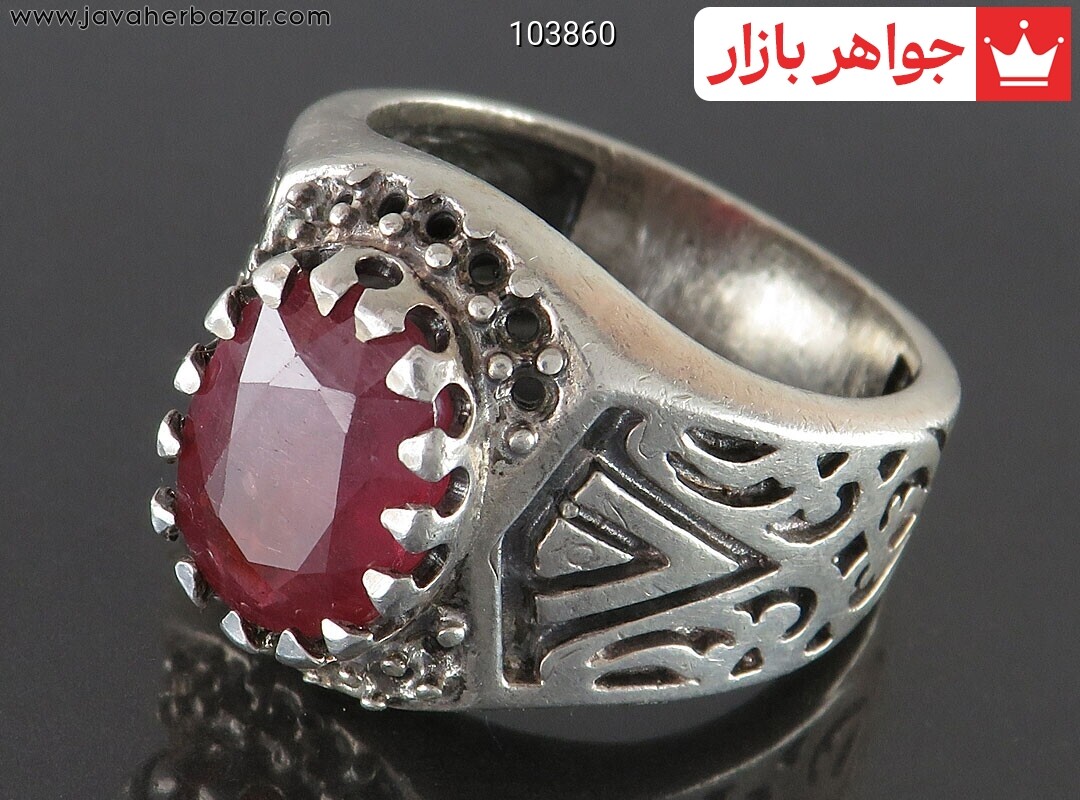 انگشتر نقره یاقوت قرمز الماس تراش مردانه