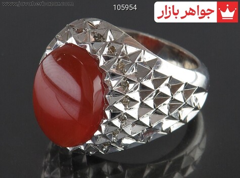 انگشتر نقره عقیق یمنی قرمز سرخ مردانه دست ساز با برلیان اصل - 105954