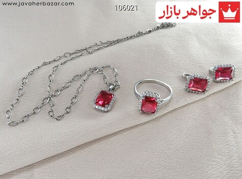 سرویس نقره یاقوت سنتاتیک کار ترک درجه یک به همراه زنجیر - 106021