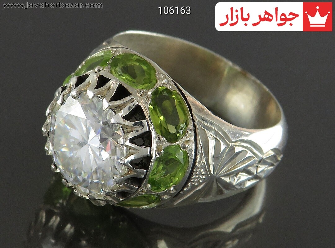 انگشتر نقره موزانایت و زبرجد کم نظیر مردانه دست ساز