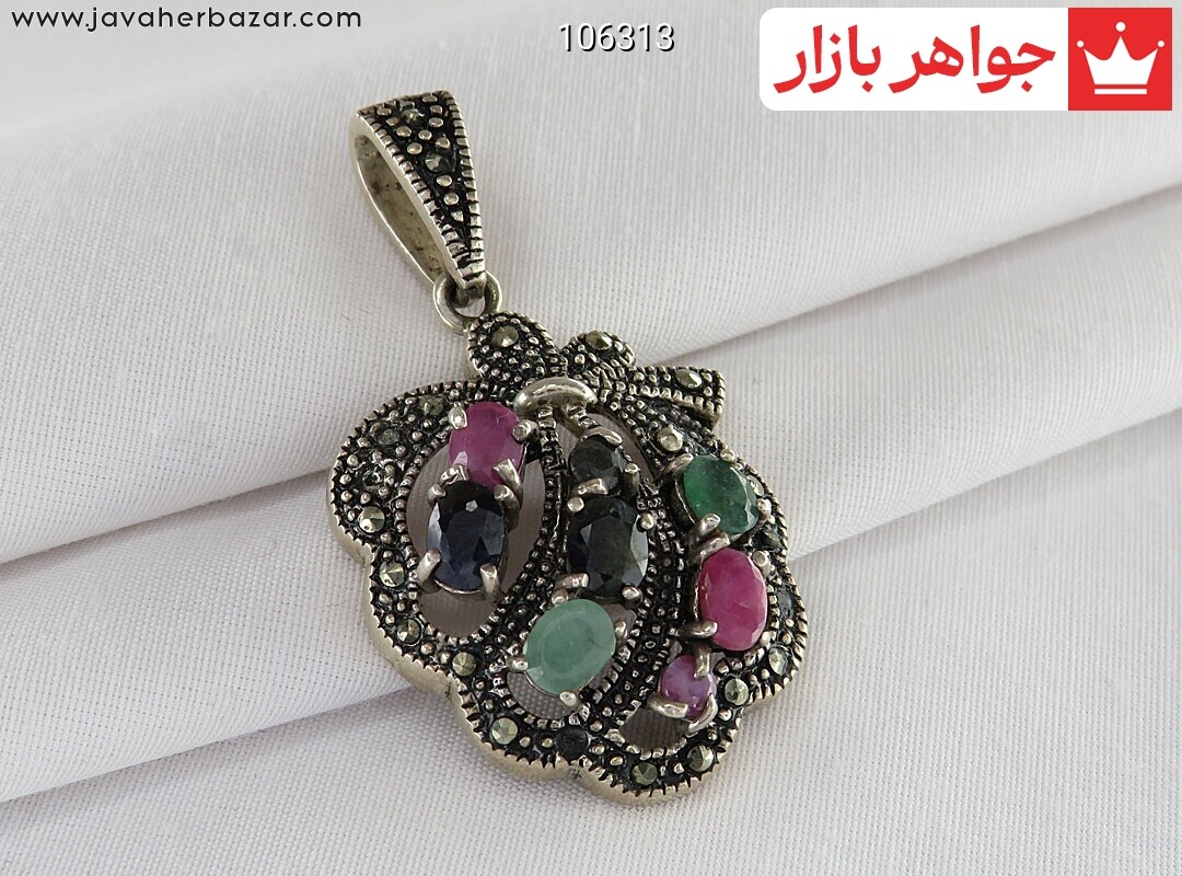 پلاک نقره زمرد و یاقوت طرح شمیم