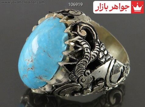 انگشتر نقره فیروزه نیشابوری درشت رکاب طرح گوزن کم نظیر مردانه دست ساز