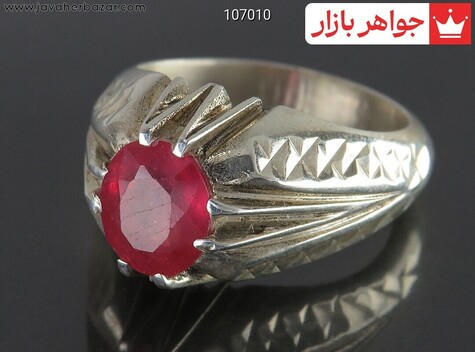 انگشتر نقره یاقوت صورتی سرخ چنگی اره کاری آینه کاری مردانه دست ساز - 107010