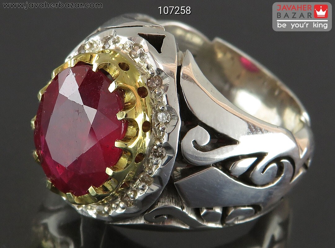 انگشتر نقره یاقوت آفریقایی قرمز سرخ الماس تراش مردانه دست ساز با برلیان اصل