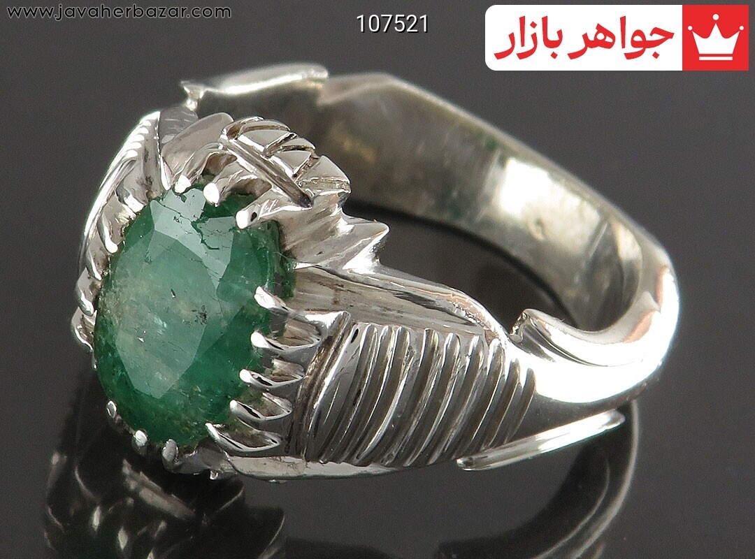 انگشتر نقره زمرد الماس تراش مردانه دست ساز