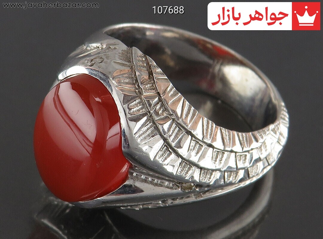انگشتر نقره عقیق یمنی قرمز رکاب آینه کاری مردانه دست ساز با برلیان اصل