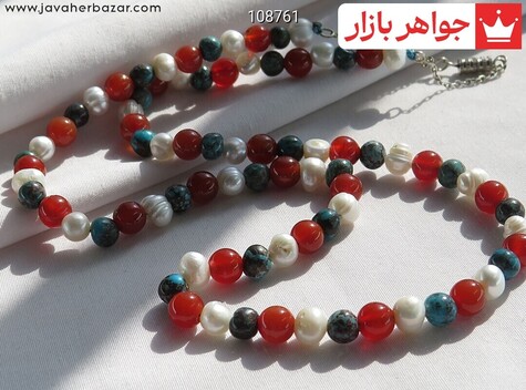 سینه ریز نقره مروارید و عقیق و فیروزه نیشابوری طرح آسو - 108761