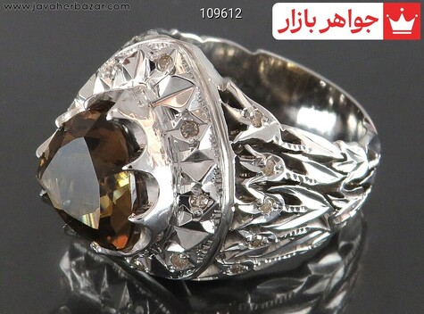 انگشتر نقره کوارتز دودی بی نظیر مردانه دست ساز با برلیان اصل