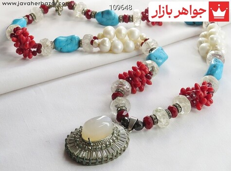 سینه ریز مروارید و عقیق و مرجان و کوارتز مدال تیتانیوم عقیق - 109648