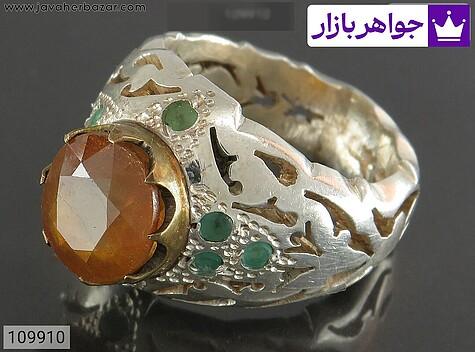 انگشتر نقره یاقوت زرد مخراج زمرد باشکوه مردانه دست ساز - 109910