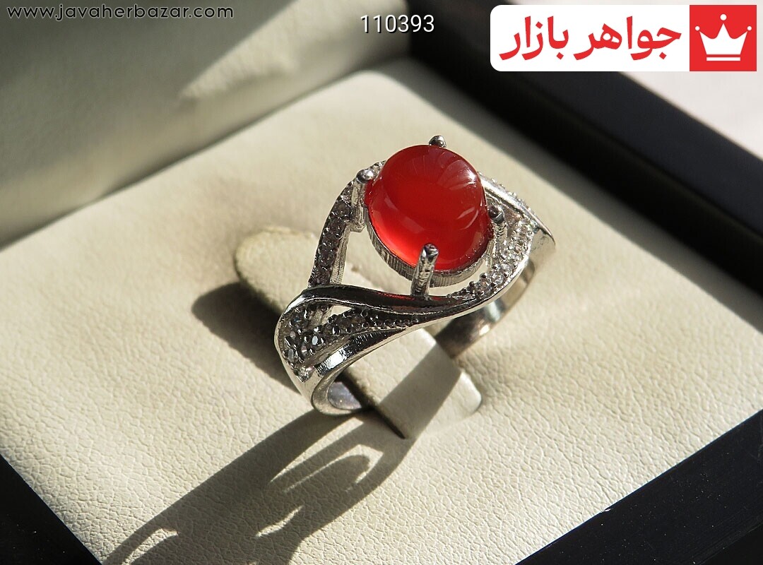 انگشتر نقره عقیق یمنی قرمز طرح رز زنانه