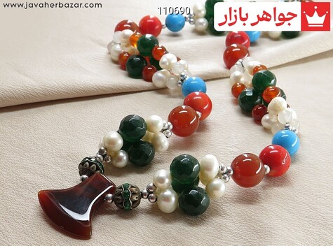 سینه ریز عقیق و مروارید و مرجان و جید فیروزه سنتاتیک ومدال عقیق - 110690