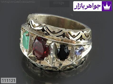 انگشتر زمرد و توپاز و زبرجد و گارنت مردانه انگشتر نقره زمرد و توپاز و زبرجد و گارنت فاخر مردانه دست ساز - 111121
