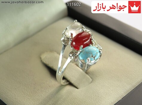 انگشتر نقره عقیق و فیروزه نیشابوری و در نجف سه قلو زنانه - 111602
