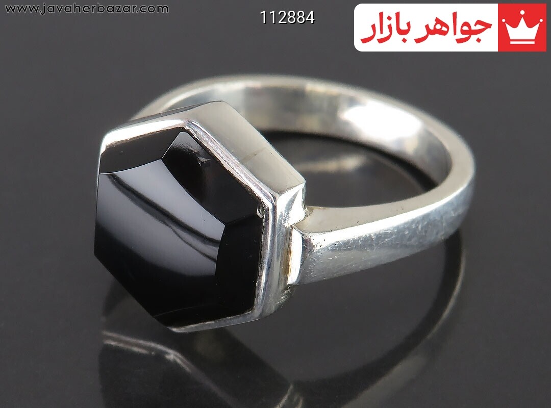 انگشتر نقره عقیق یمنی سیاه جزع با تربت امام حسین حرز طرح شش ضلعی اسپرت مردانه