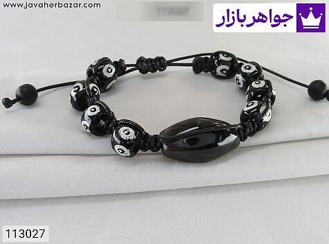 عقیق باباقوری دستبند سنگ عقیق مشکی همراه مهره های سنتاتیک چشم نظر مناسب حکاکی - 113027