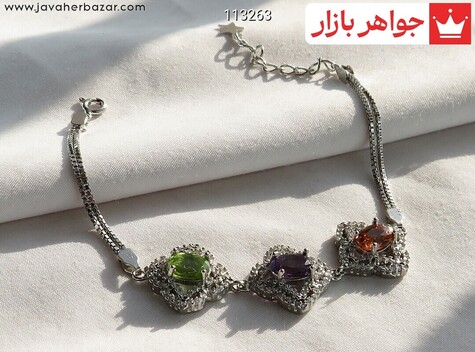 دستبند نقره آمتیست و زبرجد و الکساندریت زولتانایت زیبا زنانه - 113263