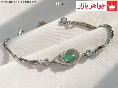 دستبند نقره زمرد زامبیا طرح اشک زنانه - 113403