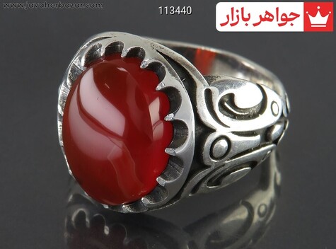 انگشتر نقره عقیق یمنی قرمز دورچنگ مردانه - 113440