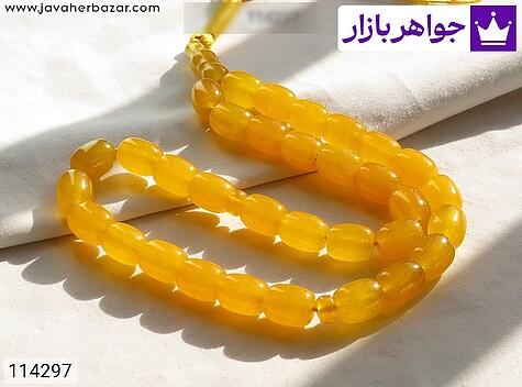 تسبیح سنگ جید زرد رنگ تراش استوانه ای همراه دعای شرف الشمس 33 دانه - 114297