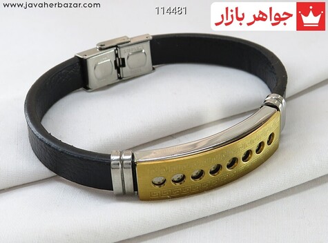 دستبند استیل طرح چرم پلاکدار مردانه - 114481