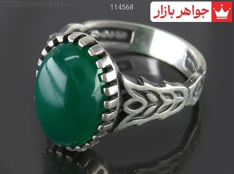 انگشتر نقره عقیق سبز رکاب گندمی مردانه - 114568