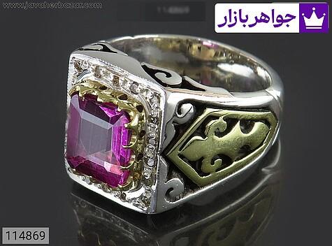 انگشتر نقره توپاز سوییس صورتی کم نظیر مردانه دست ساز با برلیان اصل - 114869