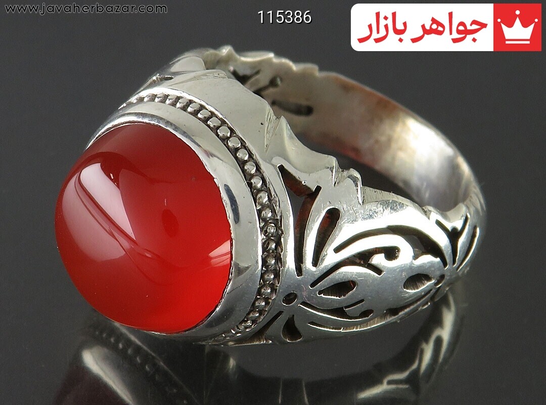 انگشتر نقره عقیق یمنی قرمز شبکه کاری مردانه دست ساز