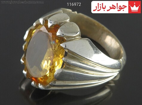 انگشتر نقره سیترین الماس تراش مردانه دست ساز