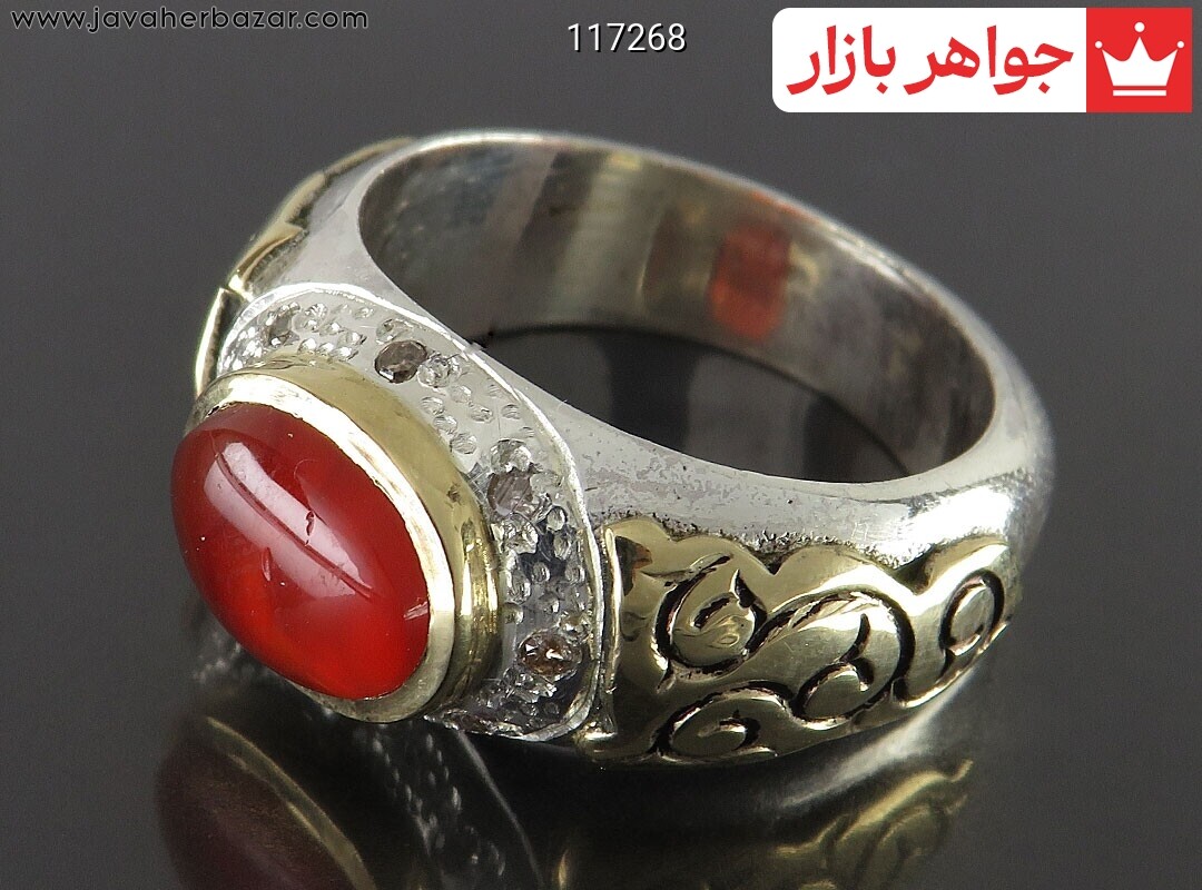 انگشتر نقره عقیق یمنی قرمز لوکس مردانه دست ساز با برلیان اصل