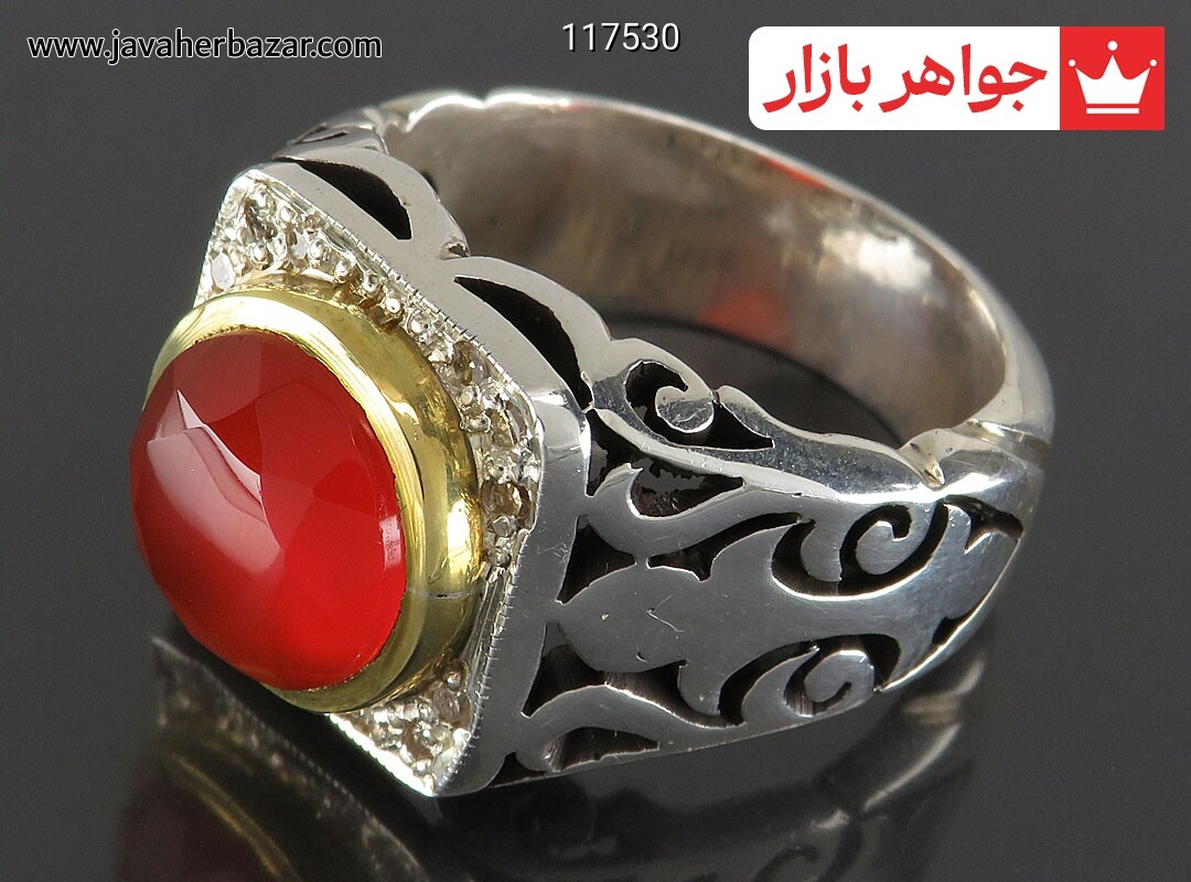 انگشتر نقره عقیق یمنی قرمز بی نظیر الماس تراش مردانه دست ساز با برلیان اصل