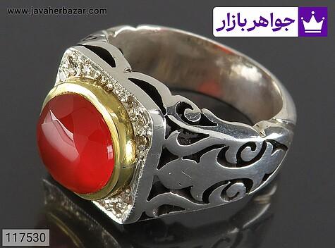 انگشتر نقره عقیق یمنی قرمز بی نظیر الماس تراش مردانه دست ساز با برلیان اصل - 117530